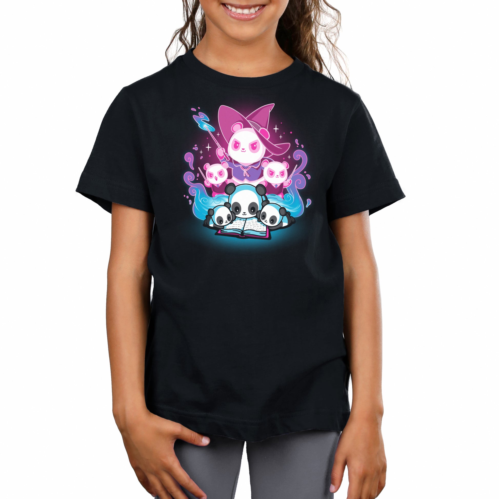 A girl wearing a comfortable Tales of Magic black t-shirt from TeeTurtle.