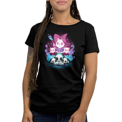 A woman wearing a TeeTurtle Tales of Magic T-shirt with a skull on it.