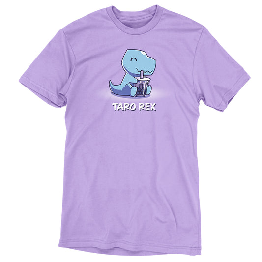 A lavender Taro Rex t-shirt made by TeeTurtle, featuring the cartoon dinosaur made of ringspun cotton.