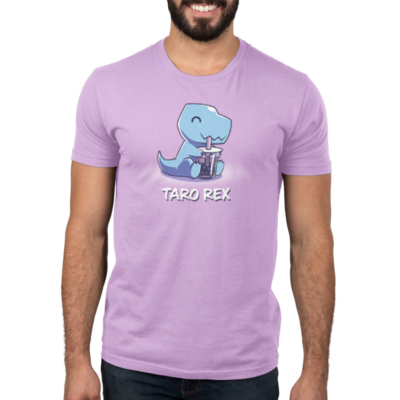 A man wearing a lavender T-shirt with the word Taro Rex by TeeTurtle.