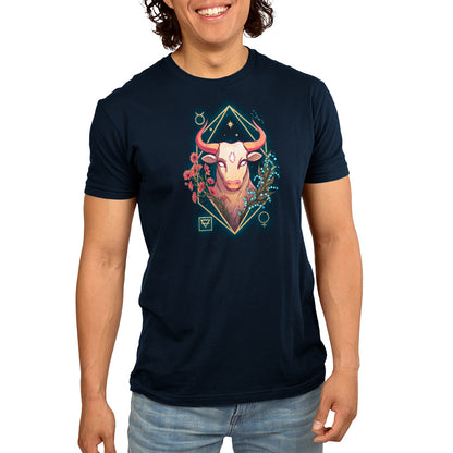 A man wearing a navy blue Taurus Zodiac T-shirt with a bull on it from TeeTurtle.