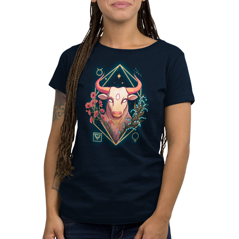 A navy blue Taurus Zodiac T-shirt featuring a Taurus zodiac bull design for women by TeeTurtle.