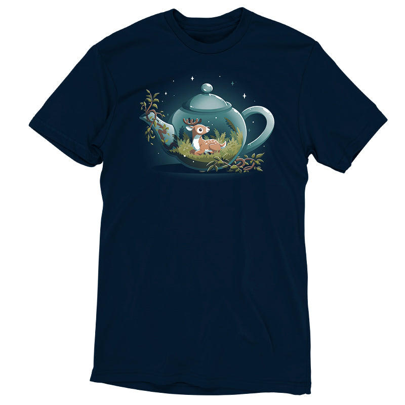 A peaceful Tea Pot Den t-shirt with a fox resting in a TeeTurtle image.