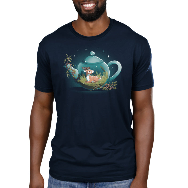 A man peacefully resting in a TeeTurtle t-shirt with an image of a cat in Tea Pot Den.