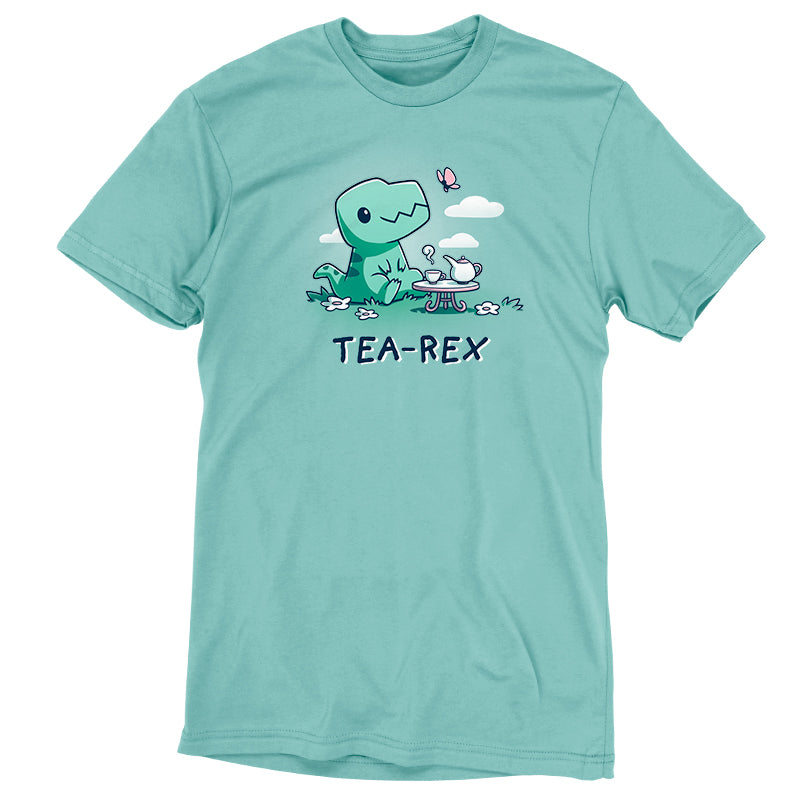 A Tea-Rex Time t-shirt with a dinosaur on it made of Ringspun Cotton by TeeTurtle.
