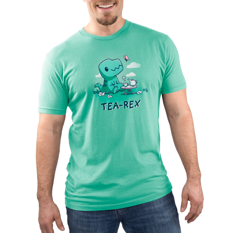 A man wearing a Tea-Rex Time t-shirt from TeeTurtle.