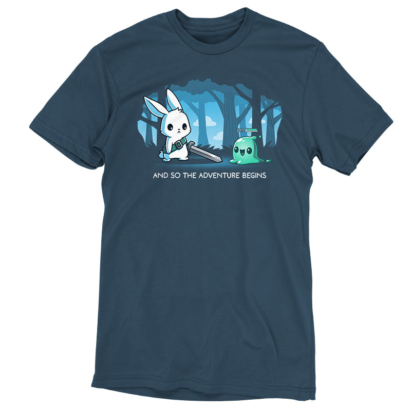 An adventurous t-shirt featuring The Adventure Begins bunny and ghost on a quest in the woods by TeeTurtle.