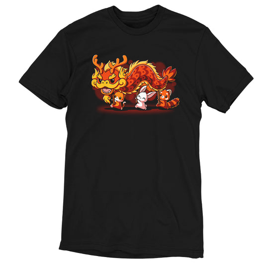 A comfortable black t - shirt featuring The Dragon Dance, perfect for Lunar New Year celebrations. Made by TeeTurtle.
