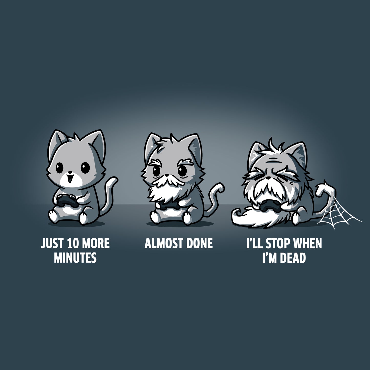A group of cats wearing denim blue T-shirts expressing TeeTurtle's product "The Gamer's Lie" - "i'm dead i'm dead i'm dead i'm dead i.