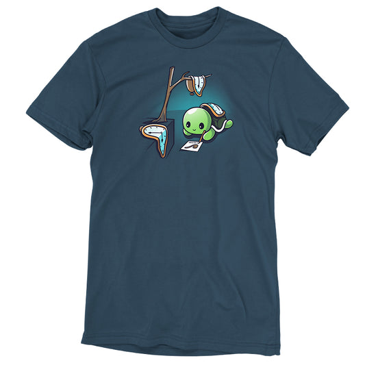 A denim blue t-shirt with an image of The Persistence of Drawing by TeeTurtle.