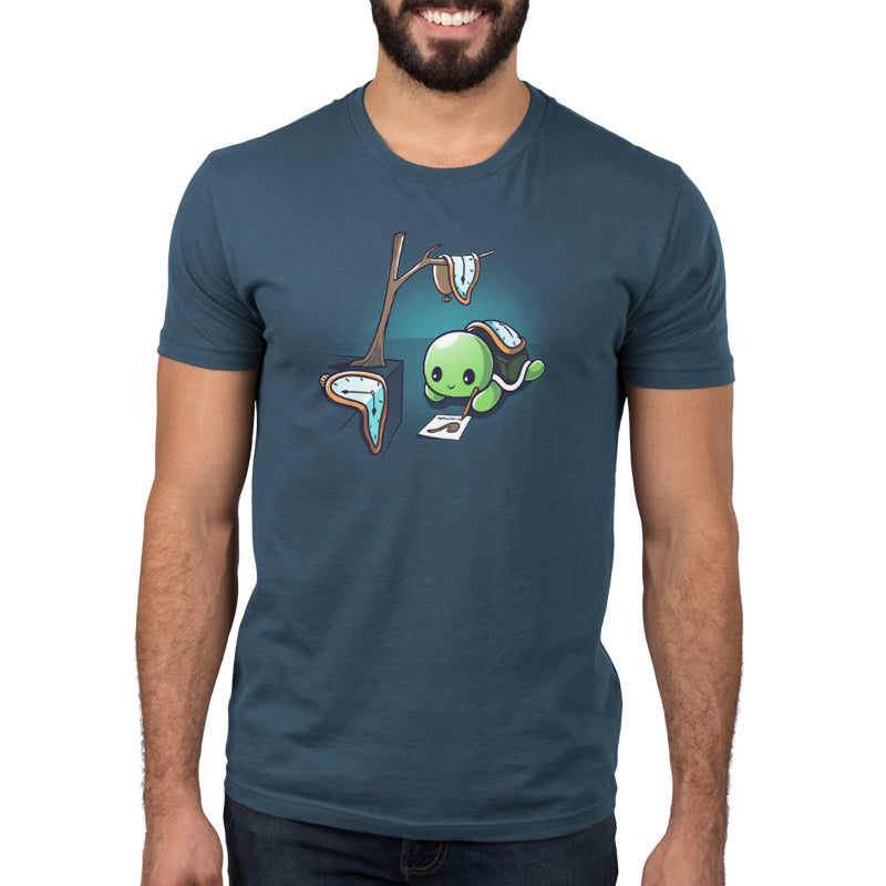 A man wearing a TeeTurtle denim blue t-shirt with an image of The Persistence of Drawing fish on it.