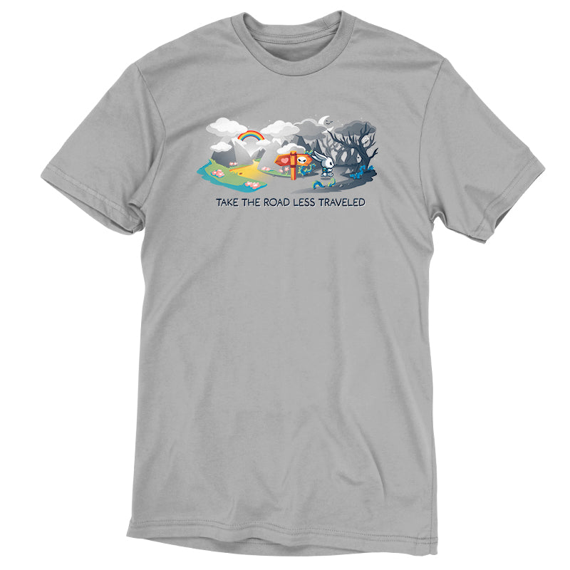 A silver gray The Road Less Traveled T-shirt featuring an image of the ocean and a boat from TeeTurtle.