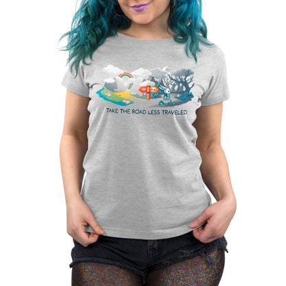 A woman with blue hair wearing The Road Less Traveled T-shirt by TeeTurtle.
