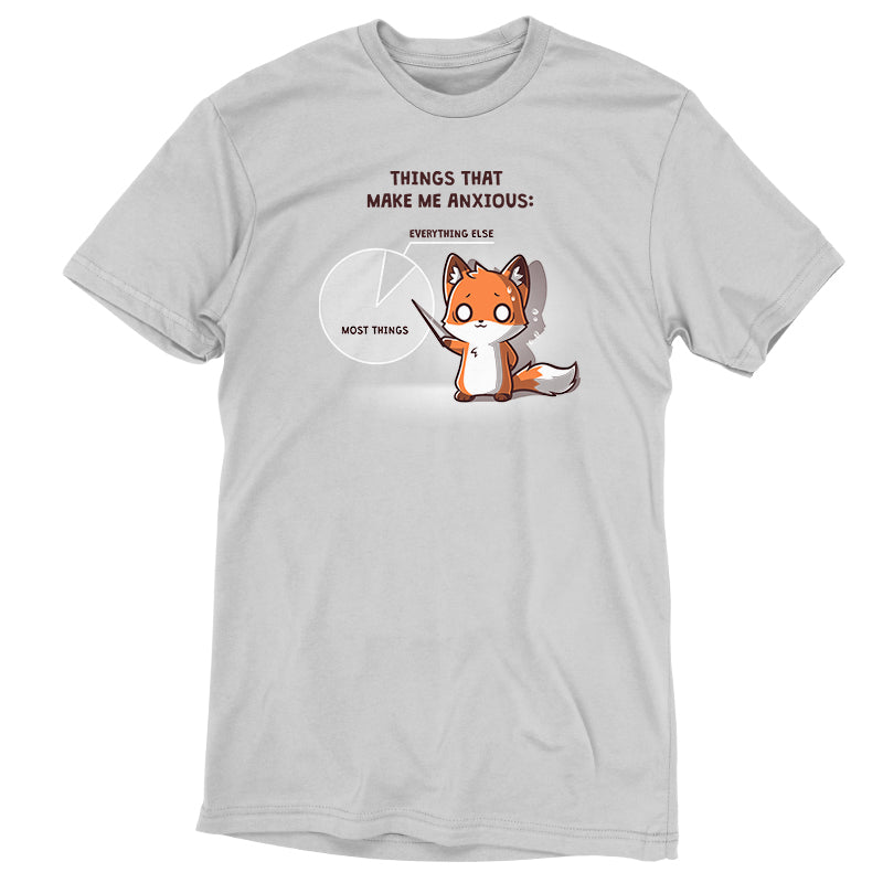 A silver gray "Things That Make Me Anxious" t-shirt with an image of a fox by TeeTurtle.