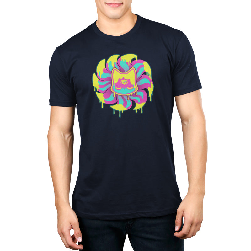 A man wearing a navy blue Third Eye Kitsune t-shirt with a colorful swirl design by TeeTurtle.