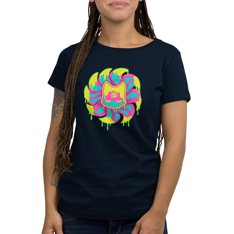 A navy blue women's Third Eye Kitsune T-shirt with a colorful swirl design by TeeTurtle.