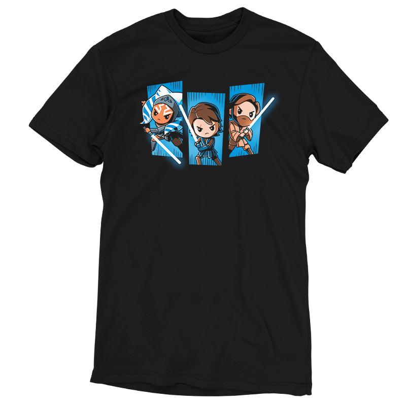 Officially licensed Star Wars men's t-shirt featuring Ahsoka, Anakin and Obi-Wan, made of super soft ringspun cotton.