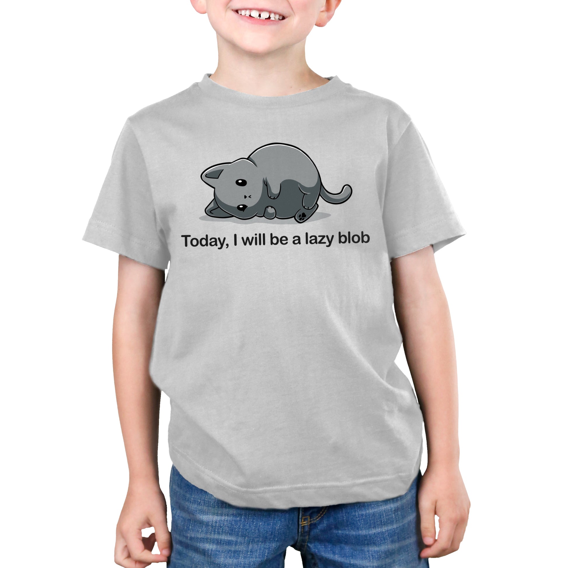 A child wearing a super soft ringspun cotton, grey Monsterdigital Today I Will Be A Lazy Blob t-shirt featuring an illustration of a resting cat and the text "Today, I will be a lazy blob.