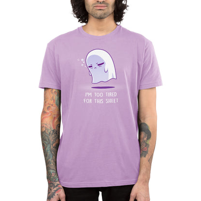A lavender I'm Too Tired for This Sheet t-shirt with a ghost on it by TeeTurtle.