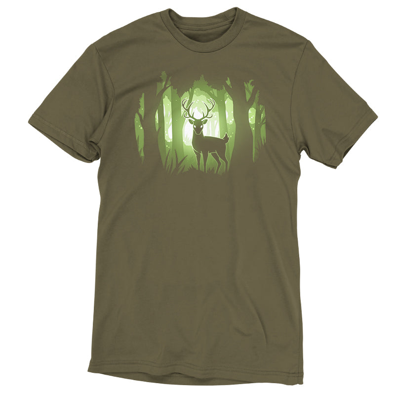 A soothing Tranquil Forest t-shirt depicting a tranquil forest with a deer in military green, by TeeTurtle.