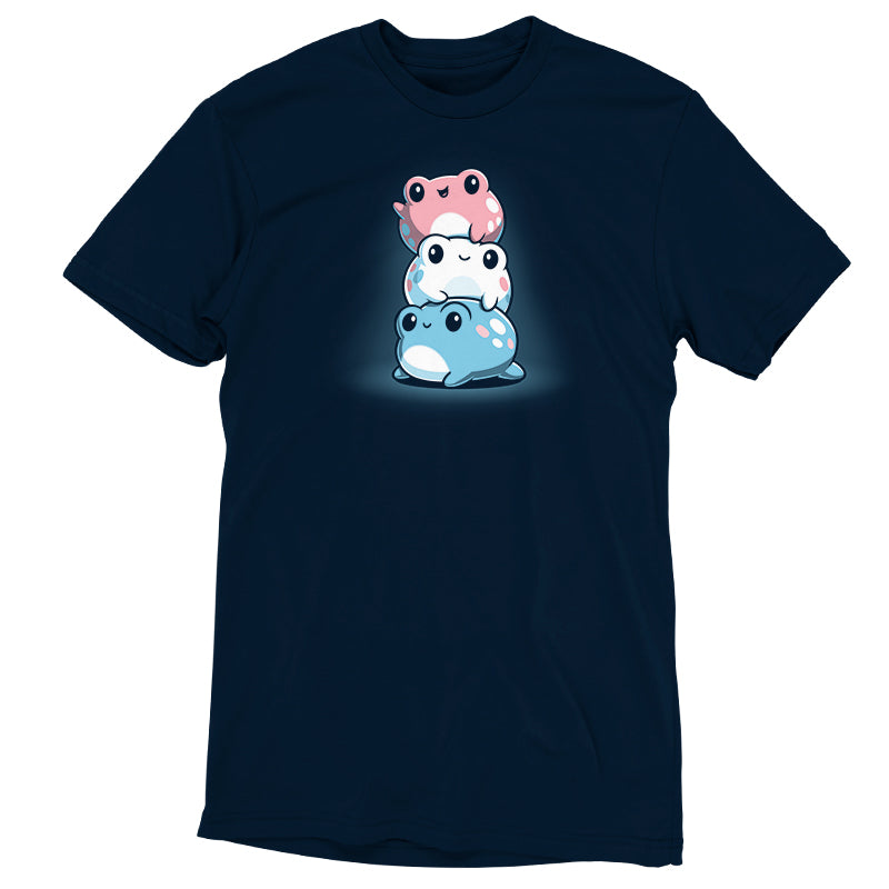 A navy blue Trans Pride Frogs t-shirt by TeeTurtle with a stack of pink and blue frogs.