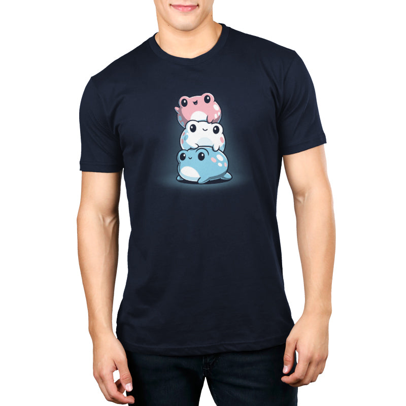 A man wearing a TeeTurtle t-shirt with two Trans Pride Frogs on it.