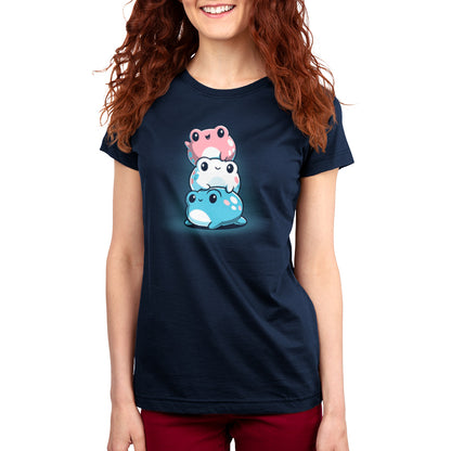 A navy blue Trans Pride Frogs t-shirt featuring an authentic life stack of pink and blue frogs from TeeTurtle.