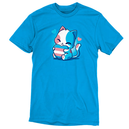 A cobalt blue Trans Purride t-shirt with a cat holding a heart from TeeTurtle.