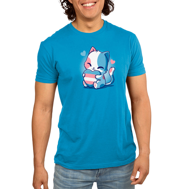 A man wearing a Trans Purride t-shirt with a cat on it. (Brand: TeeTurtle)