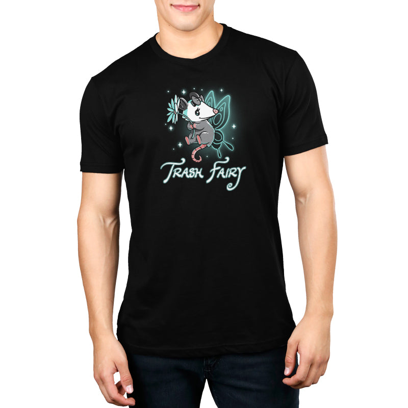 A man wearing a black t-shirt with a TeeTurtle Trash Fairy original design.