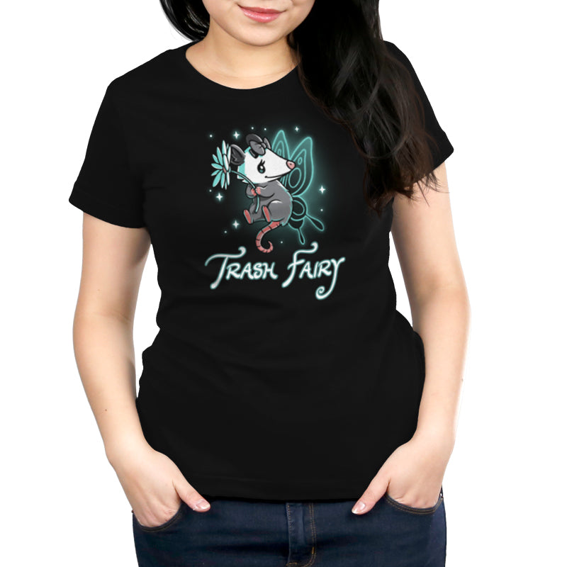 A woman wearing a black t-shirt with a "Trash Fairy" logo by TeeTurtle.