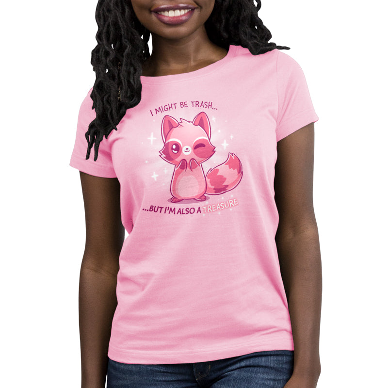 A trashionista woman wearing a pink TeeTurtle Trash but Treasure T-shirt.