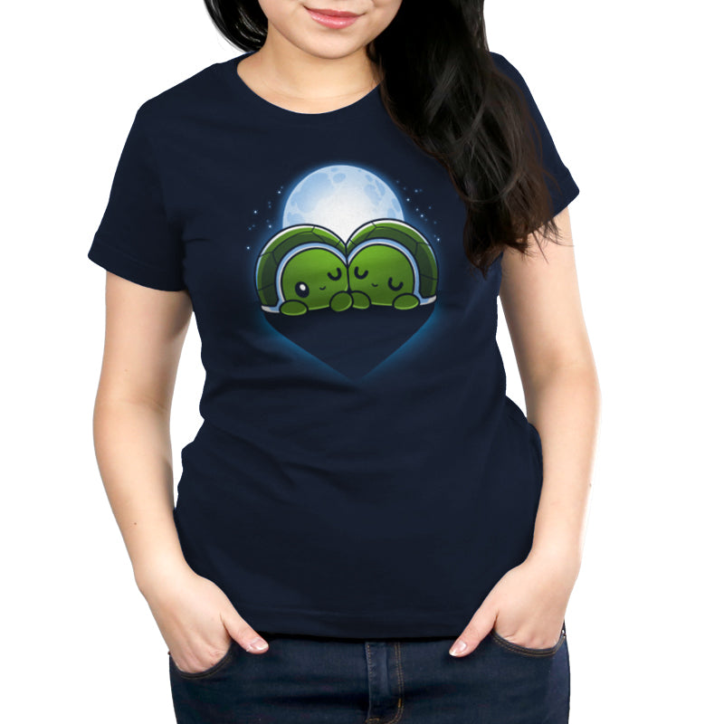 This women's t-shirt, Turtlelly in Love by TeeTurtle, features a vibrant image of a green turtle and a moon, made with comfortable ringspun cotton. Perfect for casual days or lounging, this tee is a must-have.