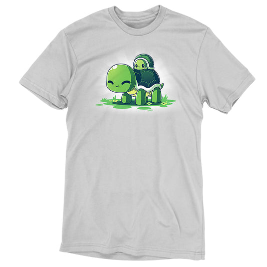 A comfortable Turtleback Ride t-shirt made of ringspun cotton featuring a green turtle design by TeeTurtle.