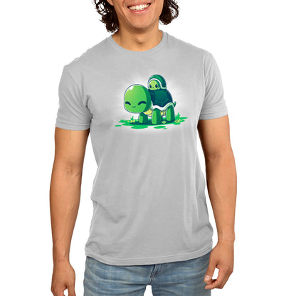 A man wearing a comfortable gray Turtleback Ride t-shirt by TeeTurtle.