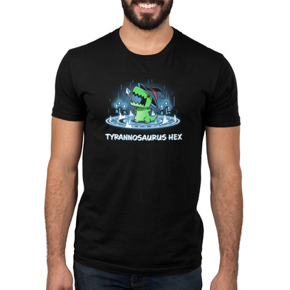A man wearing a black TeeTurtle t-shirt with the Tyrannosaurus Hex casually observes an apocalyptic meteor shower, anticipating the arrival of his nemesis.