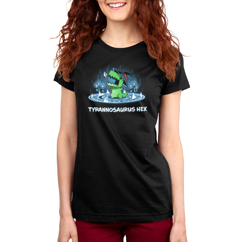 A woman wearing a black T-shirt with a Tyrannosaurus Hex design, made by TeeTurtle.