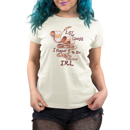 A woman wearing a cotton Unfinished Quests T-shirt with the words, let's go to irl.