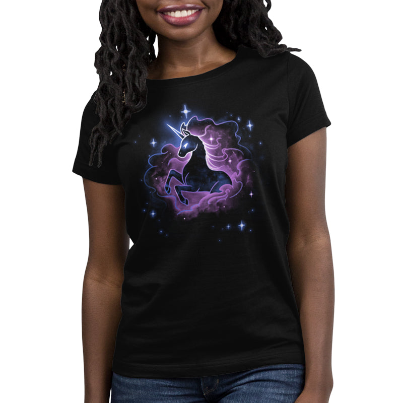 A black Unicorn Nebula t-shirt from TeeTurtle with an image of a unicorn in space.