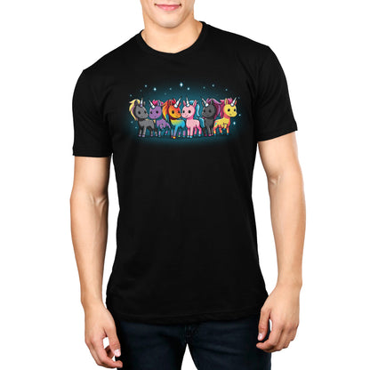 A men's black t-shirt with four Unicorn Pride LGBTQ+ pride unicorns on it by TeeTurtle.