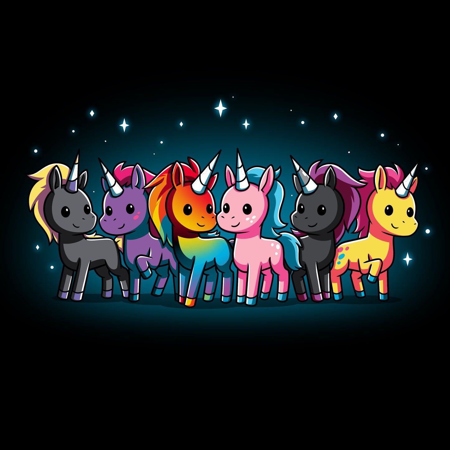 A group of colorful Unicorn Pride unicorns showing pride and representing the LGBTQ+ community, made by TeeTurtle.