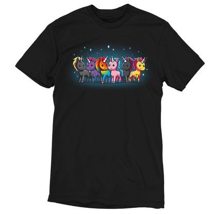 A black Unicorn Pride t-shirt with a group of LGBTQ+ unicorns by TeeTurtle.
