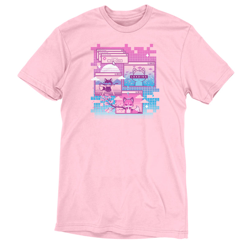 A cute pink Vaporwave Fox t-shirt with an image of a glitchy pink and blue building from TeeTurtle.