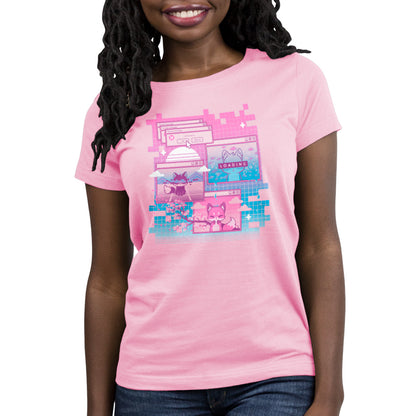 A glitchy woman wearing a cute pink Vaporwave Fox t-shirt from TeeTurtle.