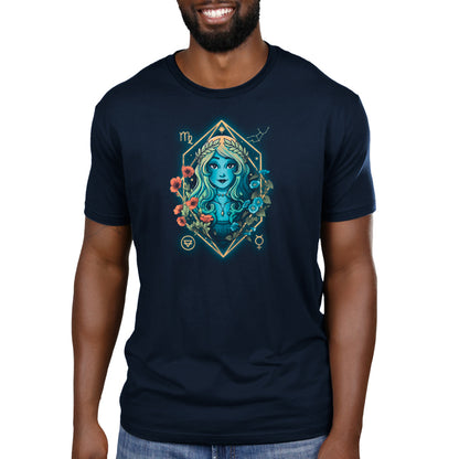 A reliable man wearing a Virgo Zodiac t-shirt with an image of a woman in a blue dress by TeeTurtle.