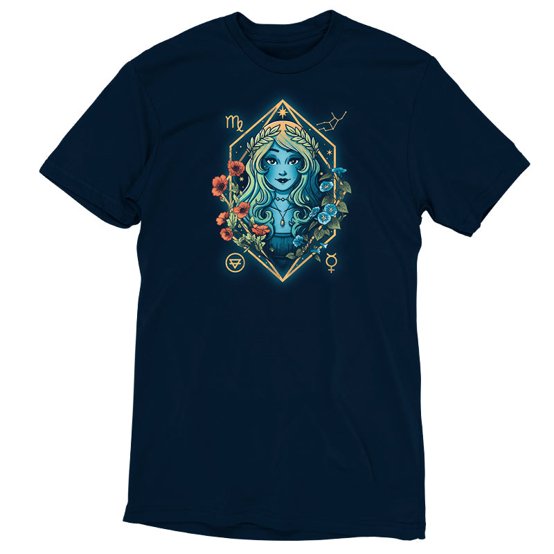 A TeeTurtle Virgo Zodiac t-shirt featuring the queen of hearts on a navy blue background.