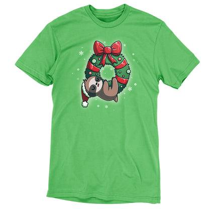 A "We Wish You a Lazy Christmas" T-shirt by TeeTurtle featuring a sloth holding a Christmas wreath.