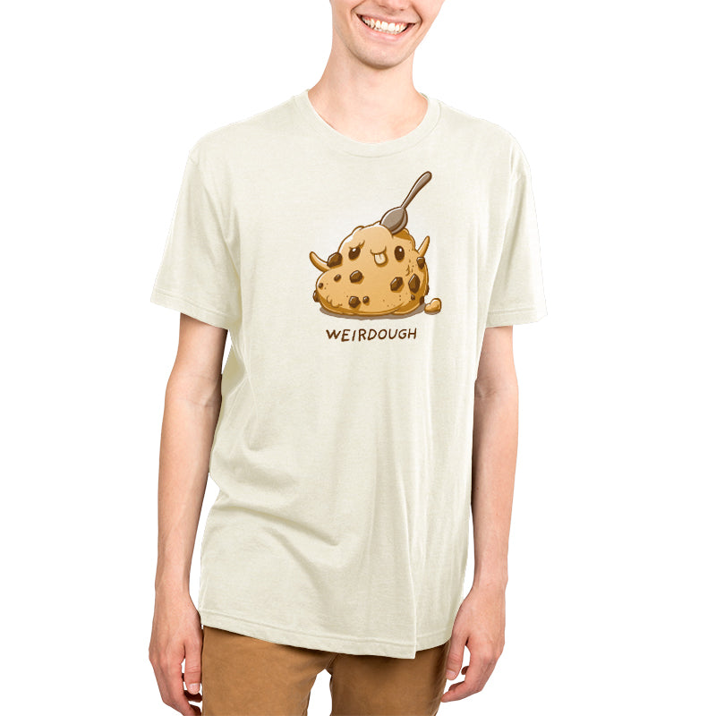 A young man wearing a comfortable TeeTurtle T-shirt that says "Weirdough".