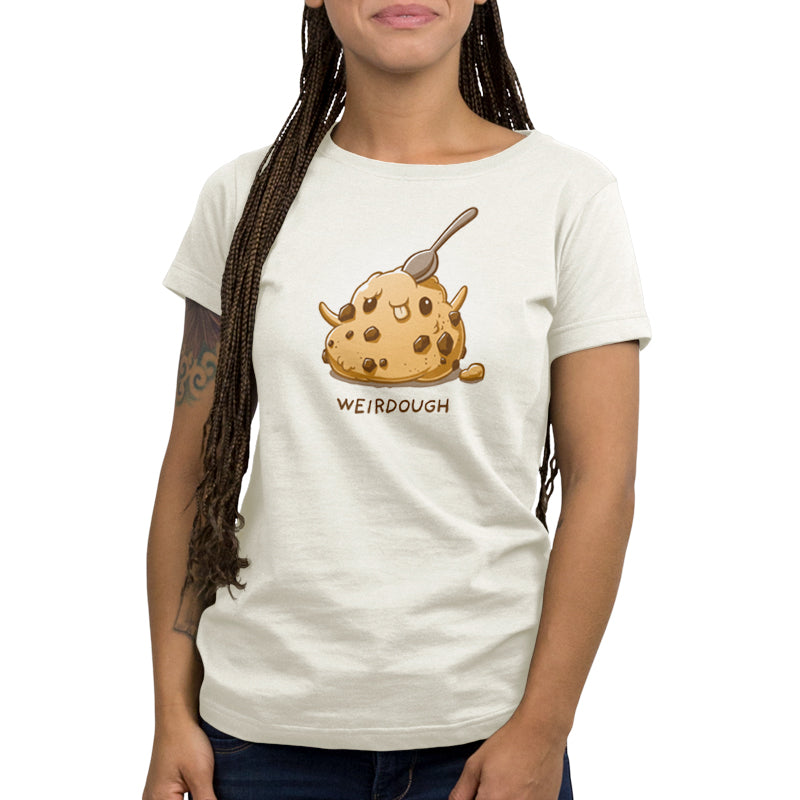 A woman with long braids wearing a white Weirdough T-shirt made of soft ringspun cotton, by TeeTurtle.