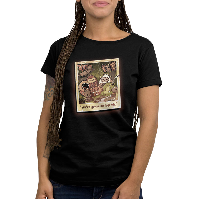 A woman wearing a black t-shirt showcasing "We're Gonna Be Legends" by TeeTurtle and her furry companion.